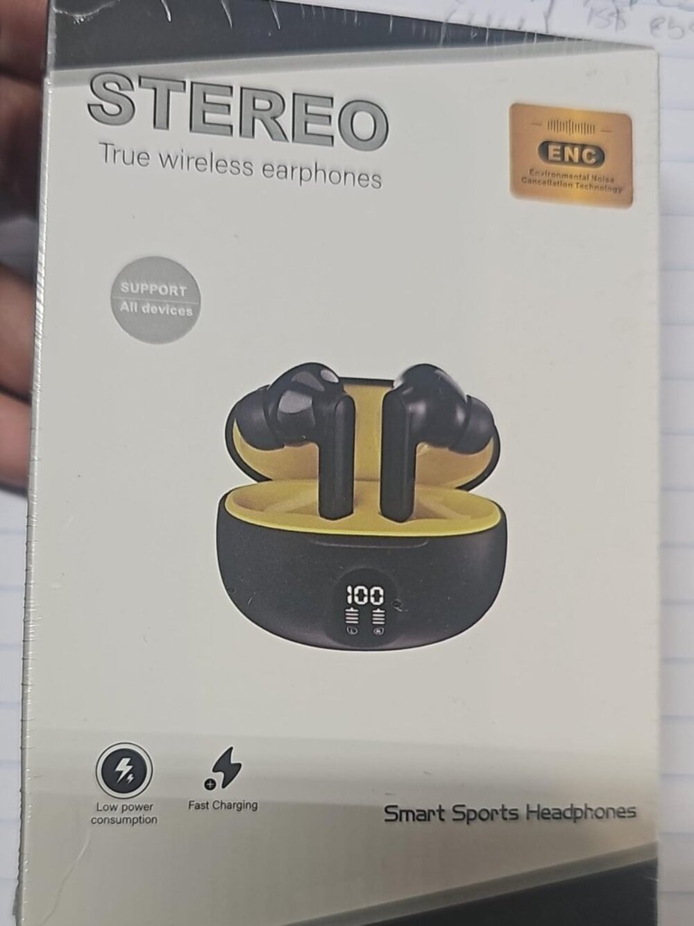 TWS Smart Sports Earphones ENC Noise Cancelling Bluetooth Earbuds Black & Yellow
